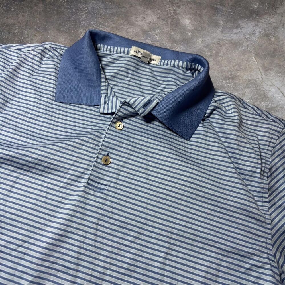 Peter Millar Polo Shirt Men’s L Blue Gray Striped Golf Performance